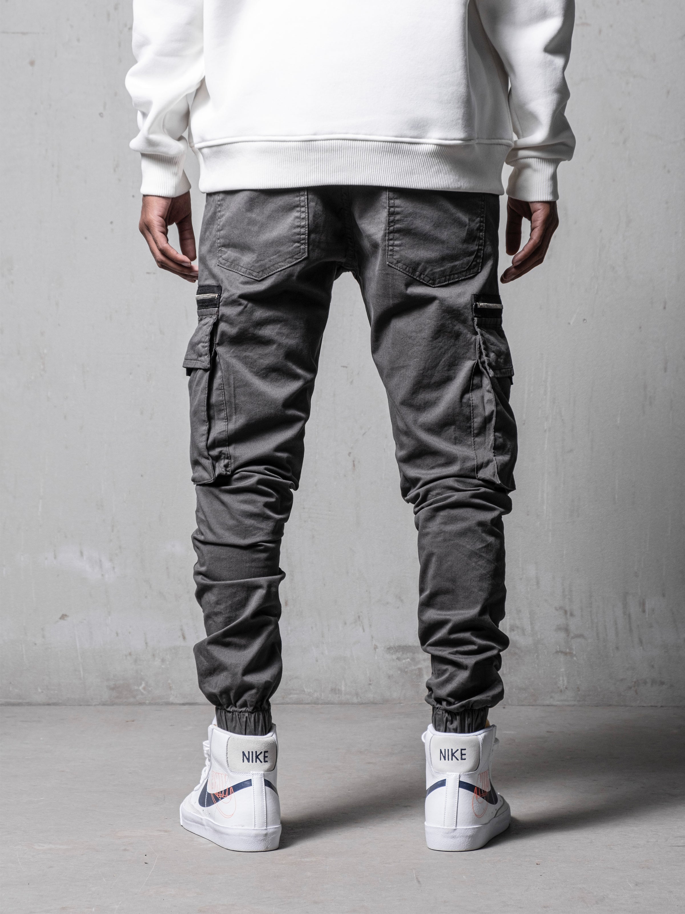 Grey Cargo Slim Fit Pants, Men's Streetwear Pants